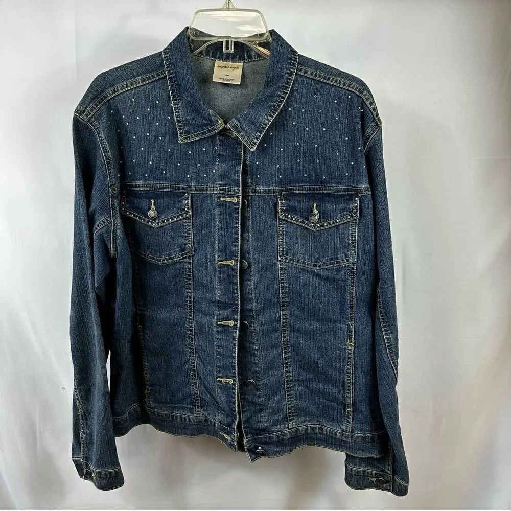 EUC Decorated Originals Sz L Rhinestone Embellished Dark Blue Denim Jean Jacket